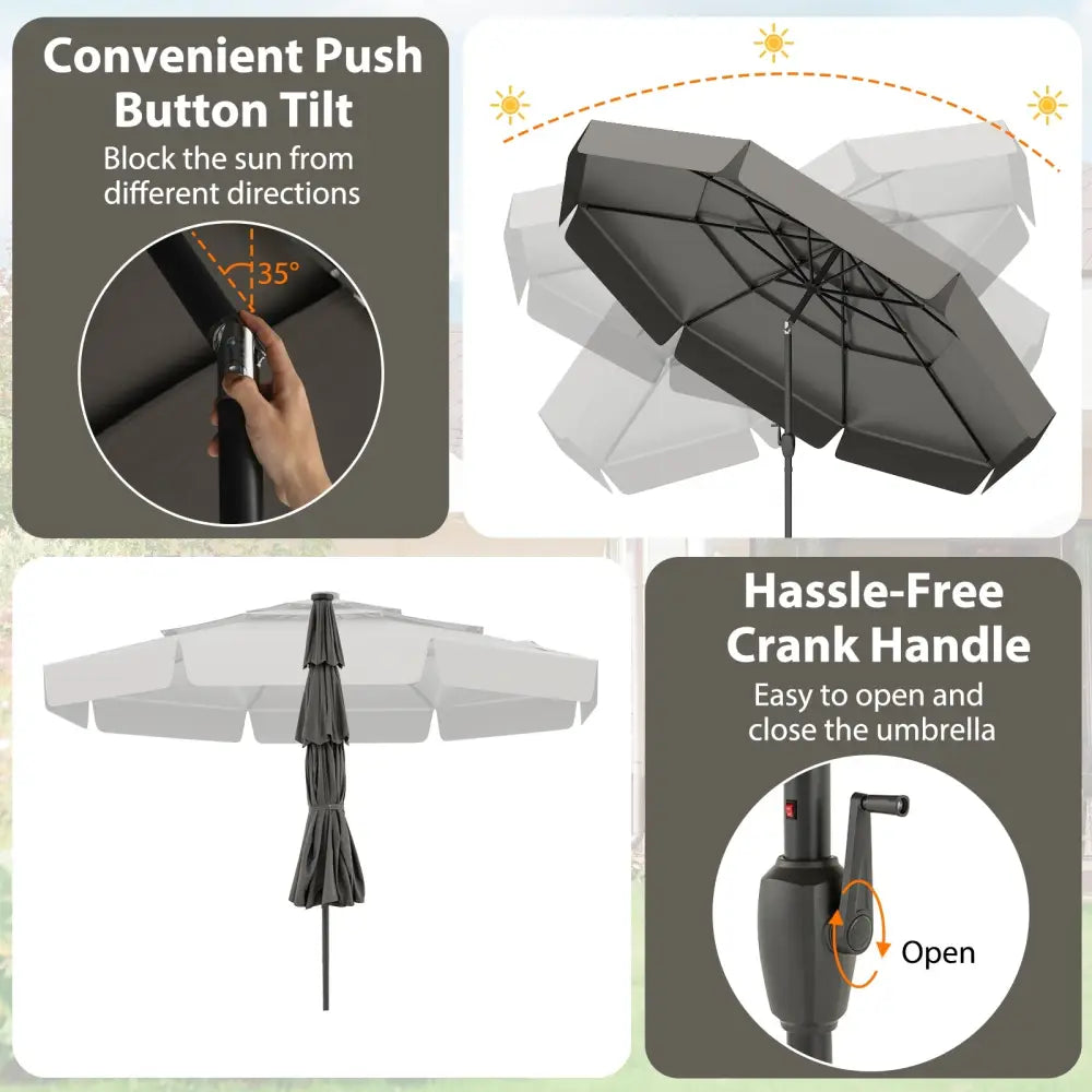 10 Feet Solar Patio Umbrella with 3-Tier Vented Top-Gray - Gray - Outdoor Umbrellas