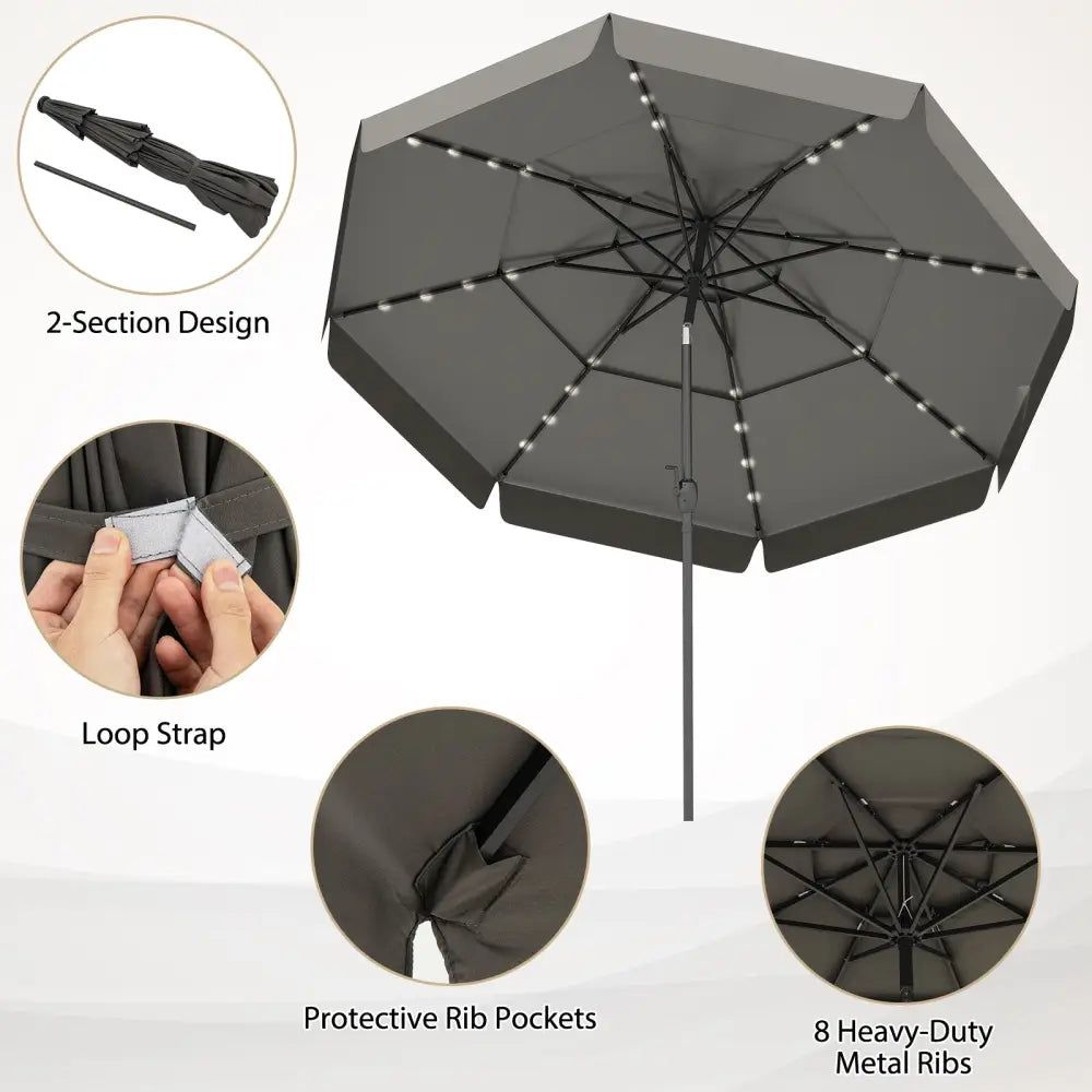 10 Feet Solar Patio Umbrella with 3-Tier Vented Top-Gray - Gray - Outdoor Umbrellas