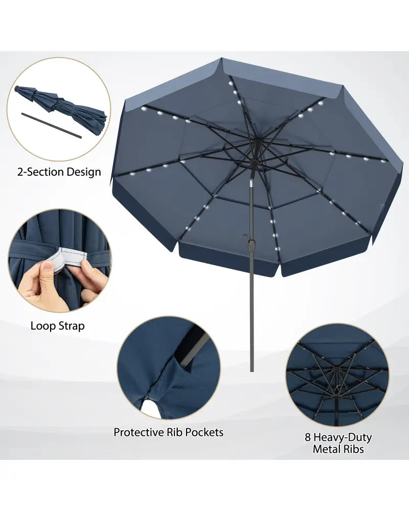10 Feet Solar Patio Umbrella with 3-Tier Vented Top-Navy - Navy - Outdoor Umbrellas