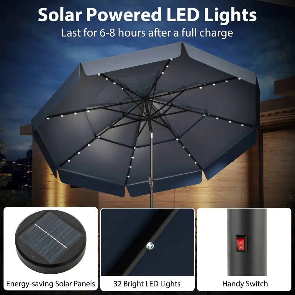 10 Feet Solar Patio Umbrella with 3-Tier Vented Top-Navy - Navy - Outdoor Umbrellas