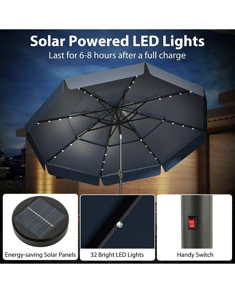 10 Feet Solar Patio Umbrella with 3-Tier Vented Top-Navy - Navy - Outdoor Umbrellas