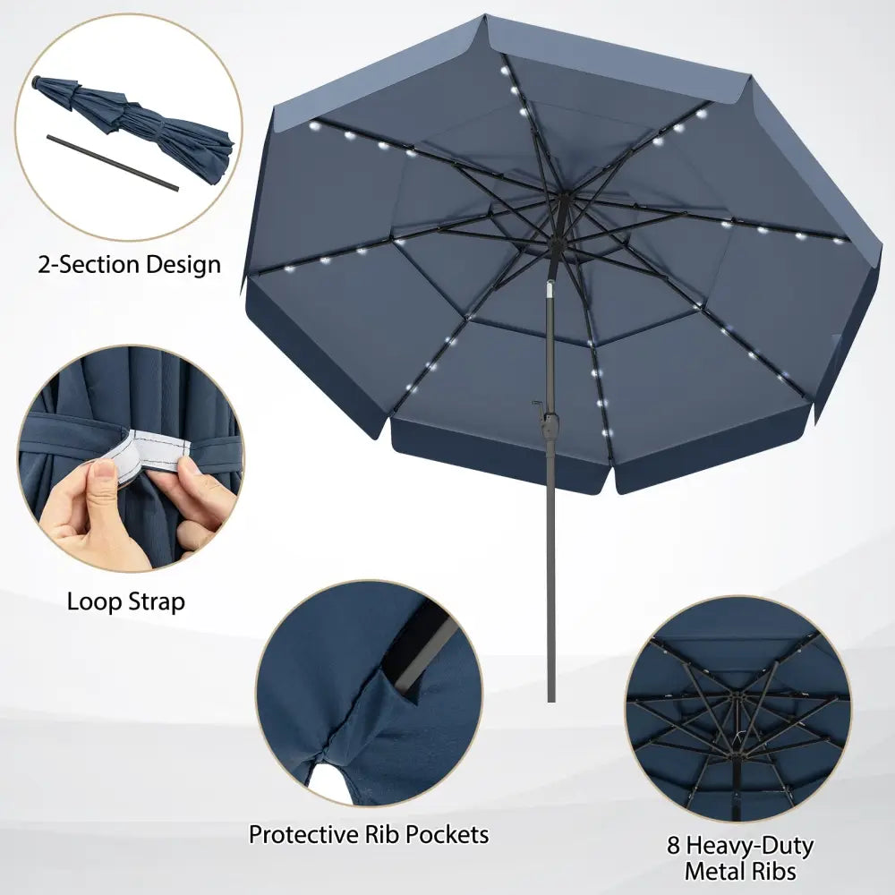 10 Feet Solar Patio Umbrella with 3-Tier Vented Top-Navy - Navy - Outdoor Umbrellas
