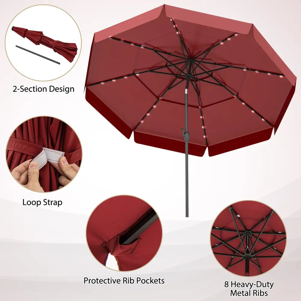 10 Feet Solar Patio Umbrella with 3-Tier Vented Top-Red - Red - Outdoor Umbrellas