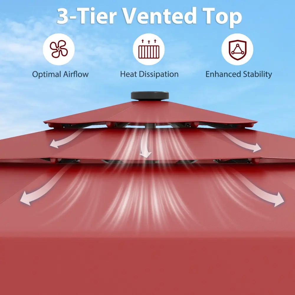 10 Feet Solar Patio Umbrella with 3-Tier Vented Top-Red - Red - Outdoor Umbrellas