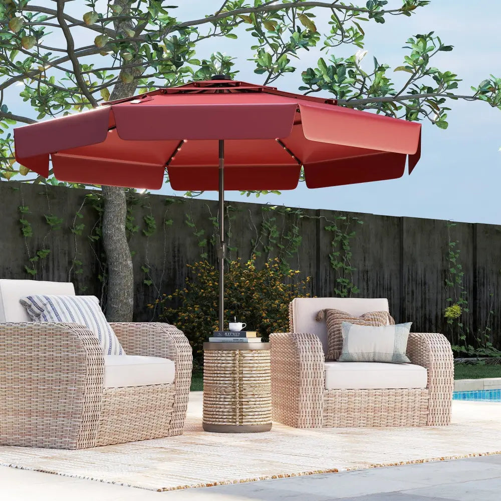 10 Feet Solar Patio Umbrella with 3-Tier Vented Top-Red - Red - Outdoor Umbrellas