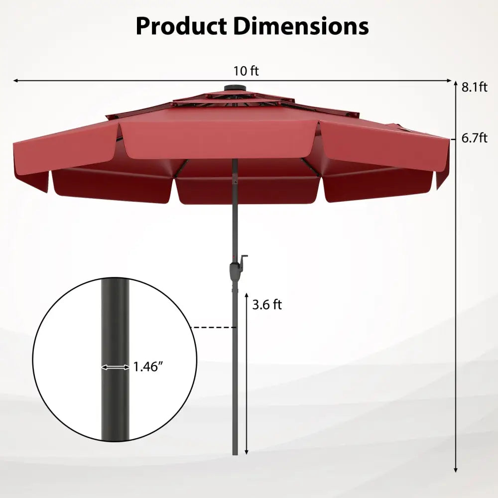 10 Feet Solar Patio Umbrella with 3-Tier Vented Top-Red - Red - Outdoor Umbrellas