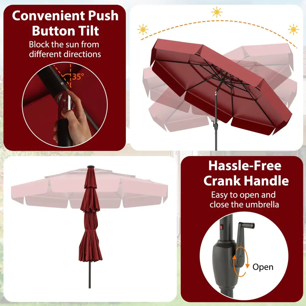 10 Feet Solar Patio Umbrella with 3-Tier Vented Top-Red - Red - Outdoor Umbrellas