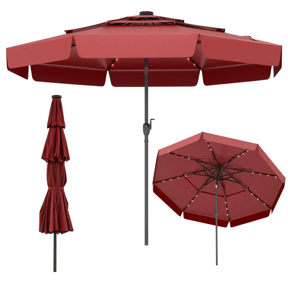 10 Feet Solar Patio Umbrella with 3-Tier Vented Top-Red - Red - Outdoor Umbrellas