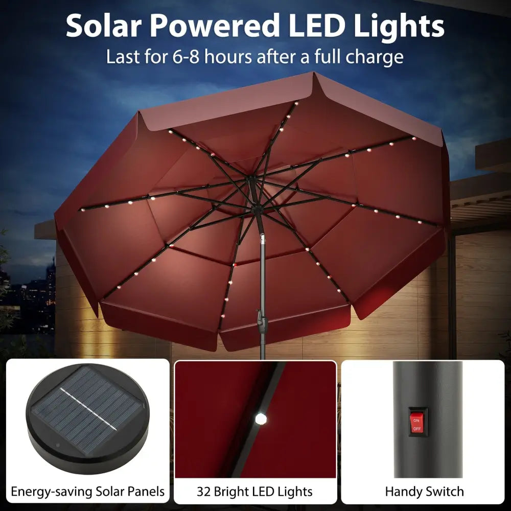 10 Feet Solar Patio Umbrella with 3-Tier Vented Top-Red - Red - Outdoor Umbrellas
