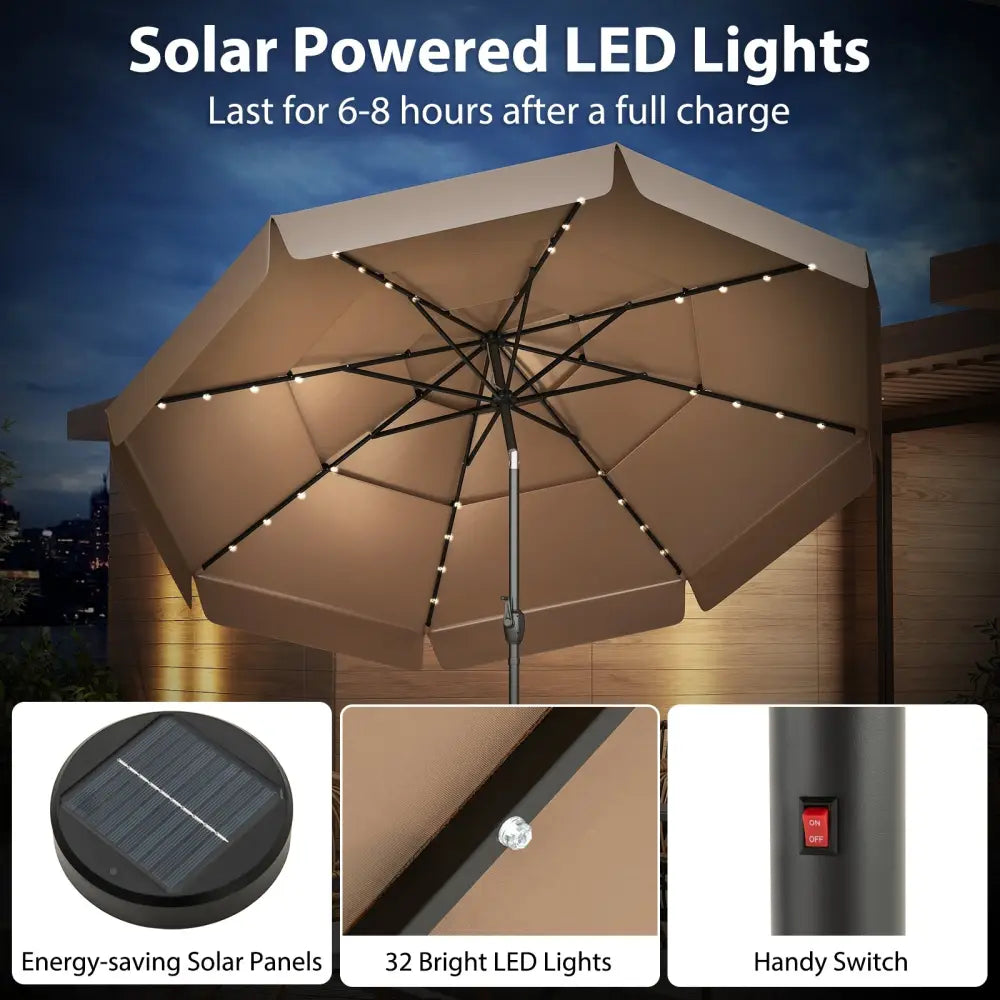 10 Feet Solar Patio Umbrella with 3-Tier Vented Top-Taupe - Taupe - Outdoor Umbrellas