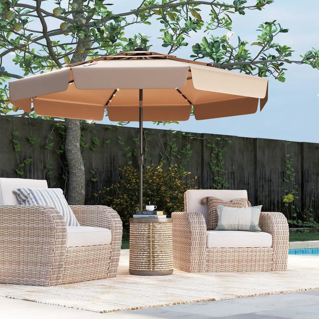 10 Feet Solar Patio Umbrella with 3-Tier Vented Top-Taupe - Taupe - Outdoor Umbrellas