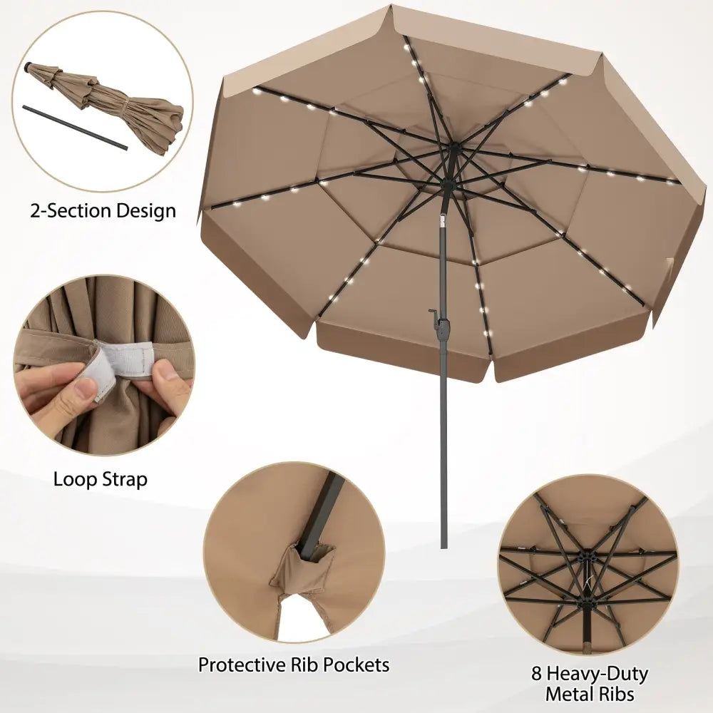 10 Feet Solar Patio Umbrella with 3-Tier Vented Top-Taupe - Taupe - Outdoor Umbrellas