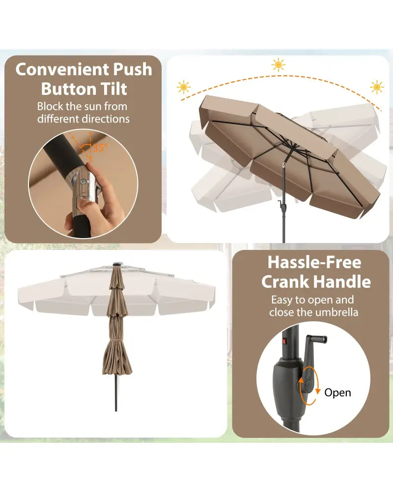 10 Feet Solar Patio Umbrella with 3-Tier Vented Top-Taupe - Taupe - Outdoor Umbrellas