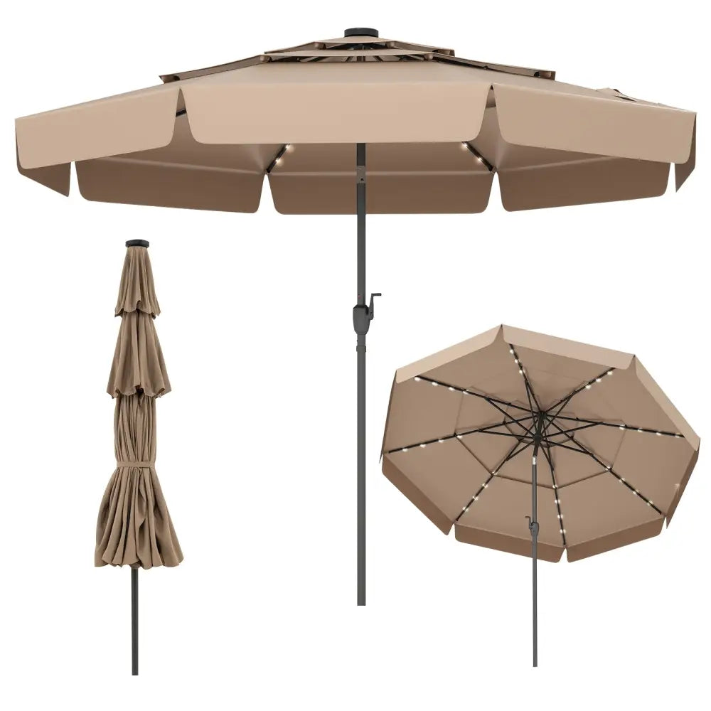 10 Feet Solar Patio Umbrella with 3-Tier Vented Top-Taupe - Taupe - Outdoor Umbrellas