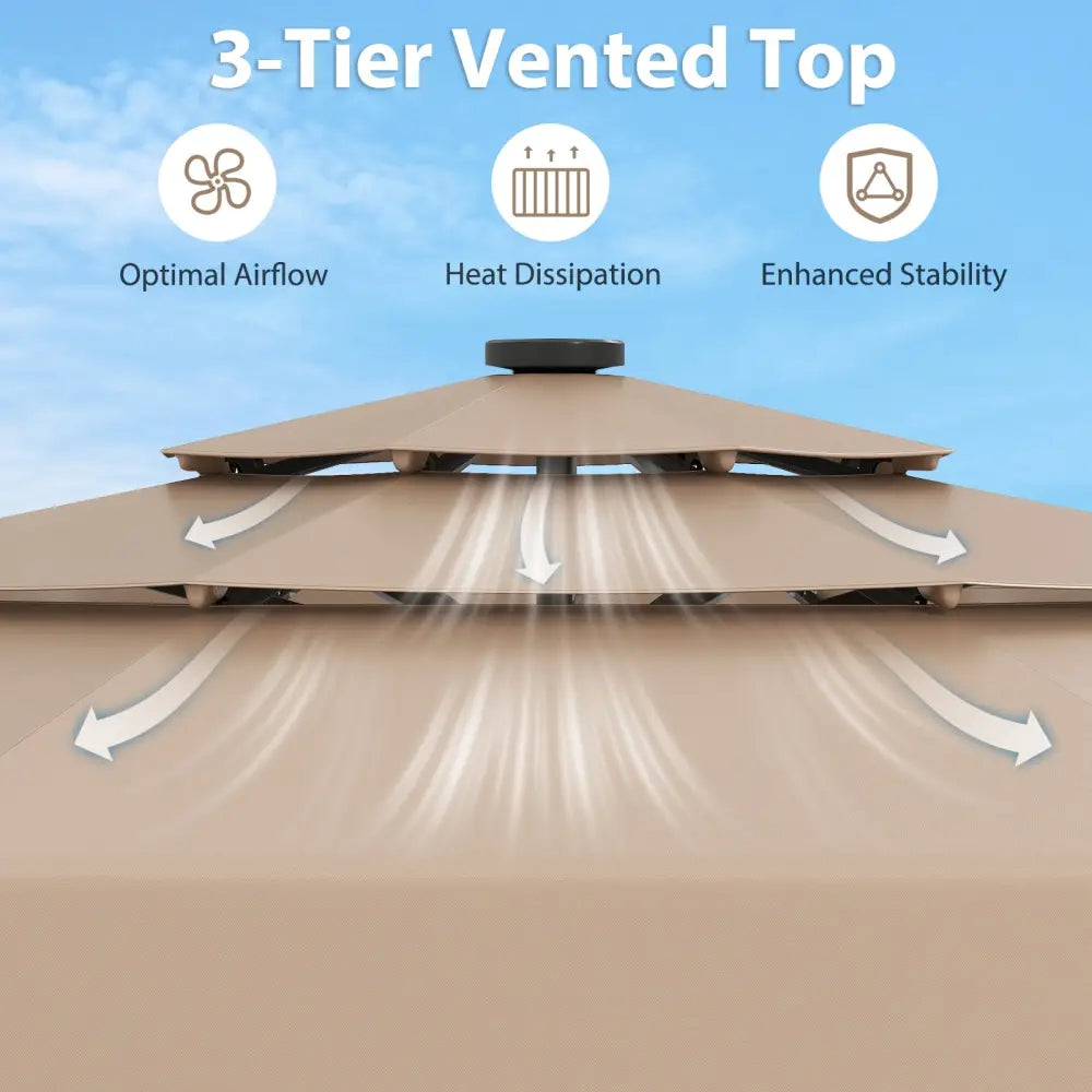 10 Feet Solar Patio Umbrella with 3-Tier Vented Top-Taupe - Taupe - Outdoor Umbrellas