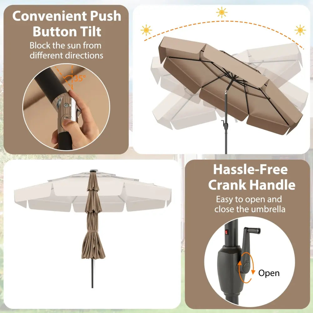 10 Feet Solar Patio Umbrella with 3-Tier Vented Top-Taupe - Taupe - Outdoor Umbrellas