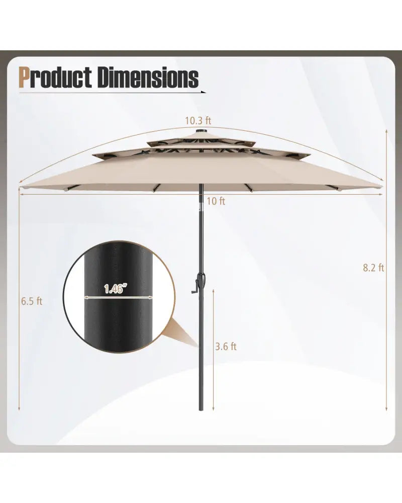 10 Feet Solar Patio Umbrella with 32 LED Lights 3-Tier Vented Top-Beige - Beige - Outdoor Umbrellas