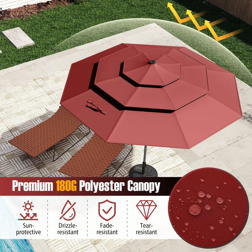 10 Feet Solar Patio Umbrella with 32 LED Lights 3-Tier Vented Top-Wine - Wine - Outdoor Umbrellas