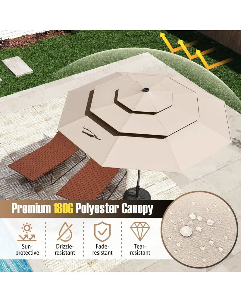 10 Feet Solar Patio Umbrella with 32 LED Lights 3-Tier Vented Top-Beige - Beige - Outdoor Umbrellas