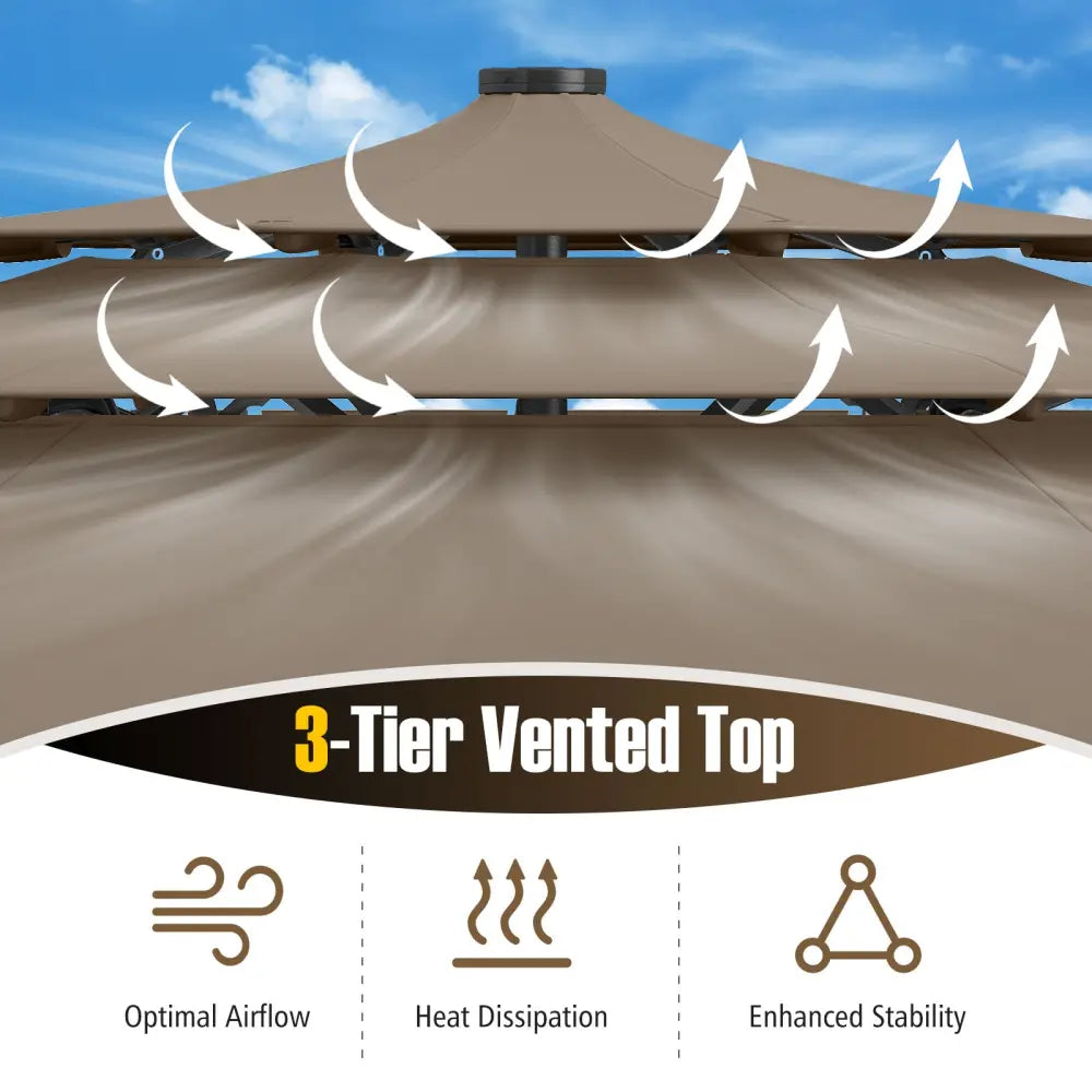 10 Feet Solar Patio Umbrella with 32 LED Lights 3-Tier Vented Top-Taupe - Taupe - Outdoor Umbrellas
