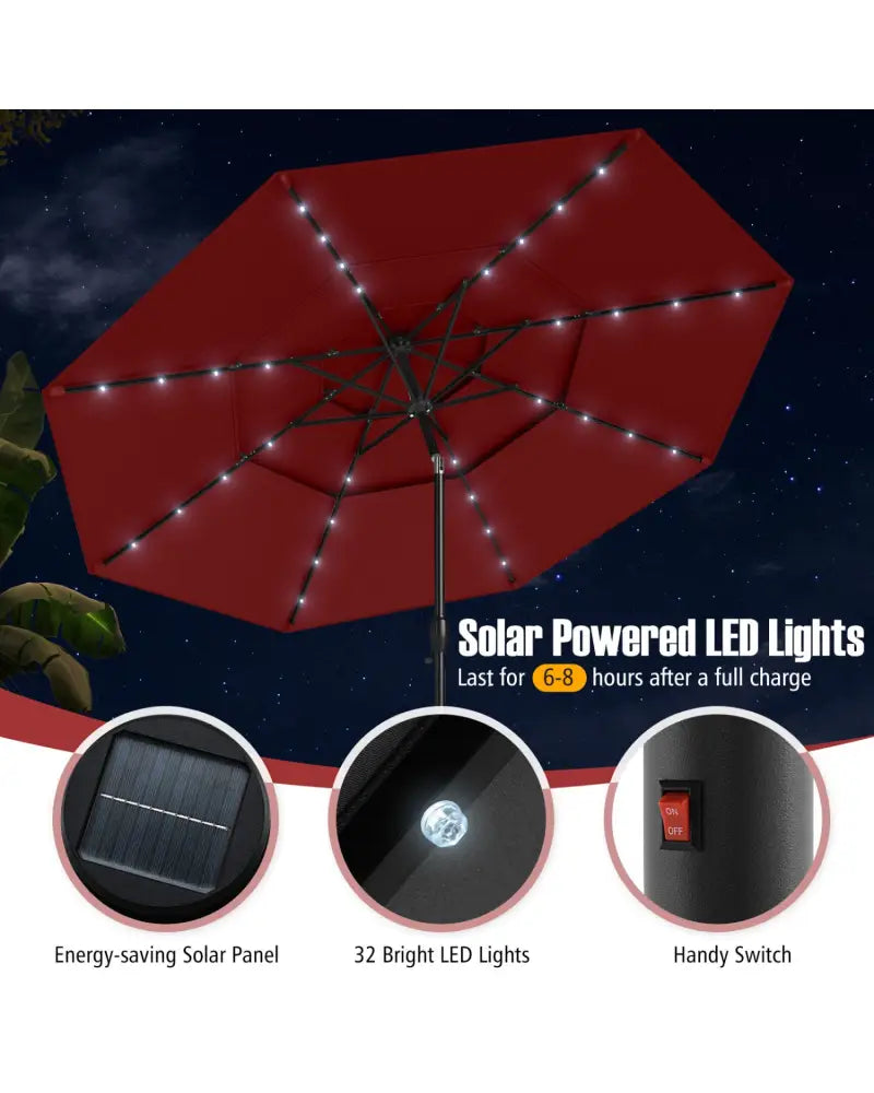 10 Feet Solar Patio Umbrella with 32 LED Lights 3-Tier Vented Top-Wine - Wine - Outdoor Umbrellas