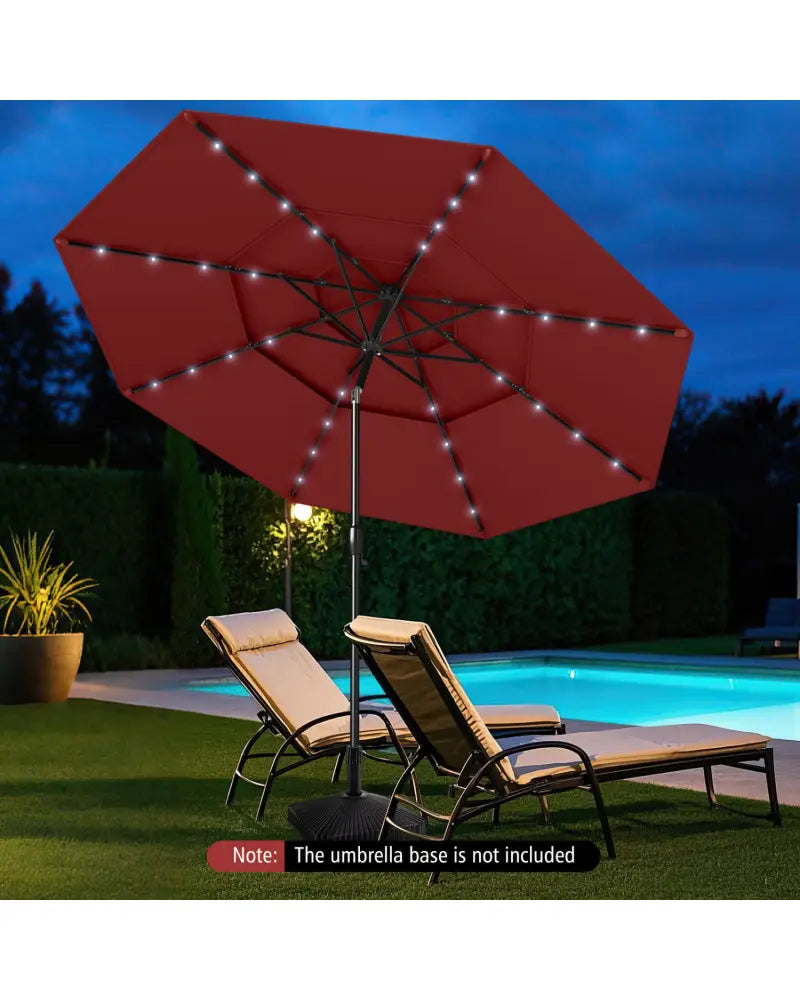 10 Feet Solar Patio Umbrella with 32 LED Lights 3-Tier Vented Top-Wine - Wine - Outdoor Umbrellas