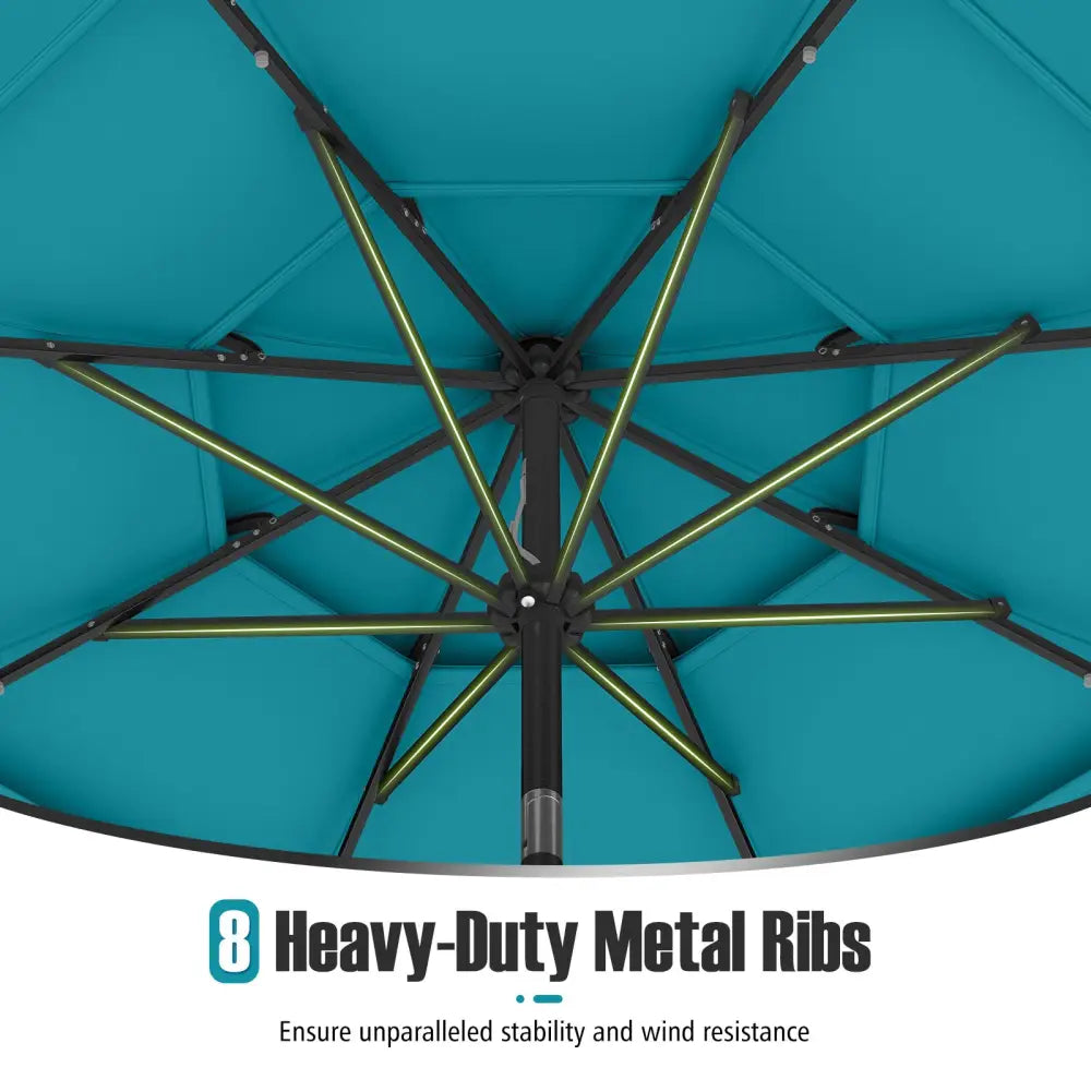 10 Feet Solar Patio Umbrella with 32 LED Lights 3-Tier Vented Top-Turquoise - Turquoise - Outdoor Umbrellas