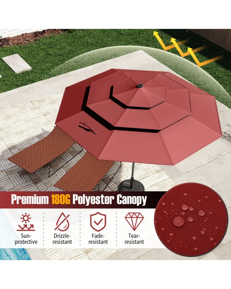 10 Feet Solar Patio Umbrella with 32 LED Lights 3-Tier Vented Top-Wine - Wine - Outdoor Umbrellas