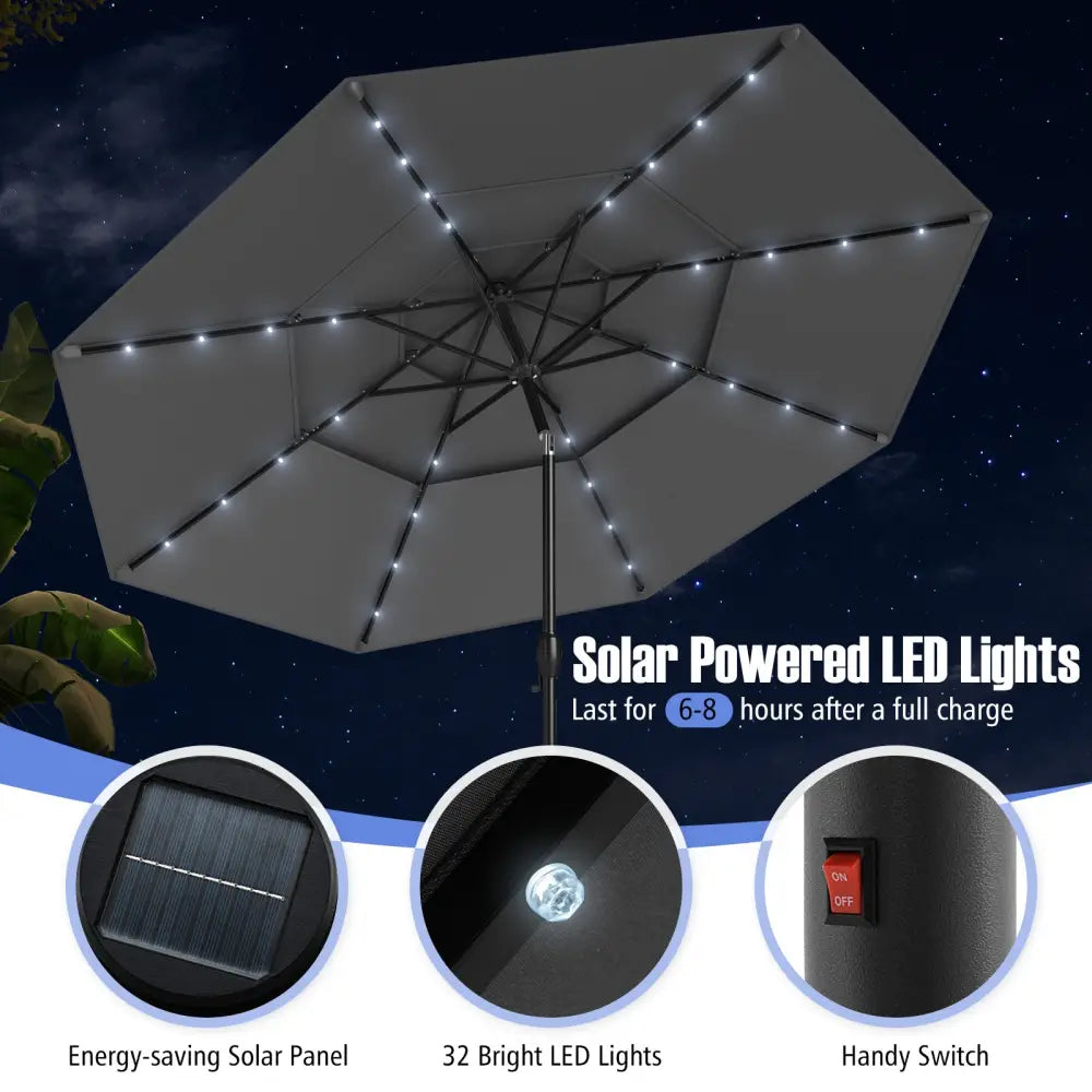 10 Feet Solar Patio Umbrella with 32 LED Lights 3-Tier Vented Top-Gray - Gray - Outdoor Umbrellas