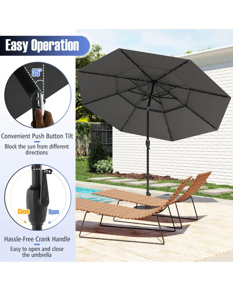 10 Feet Solar Patio Umbrella with 32 LED Lights 3-Tier Vented Top-Gray - Gray - Outdoor Umbrellas