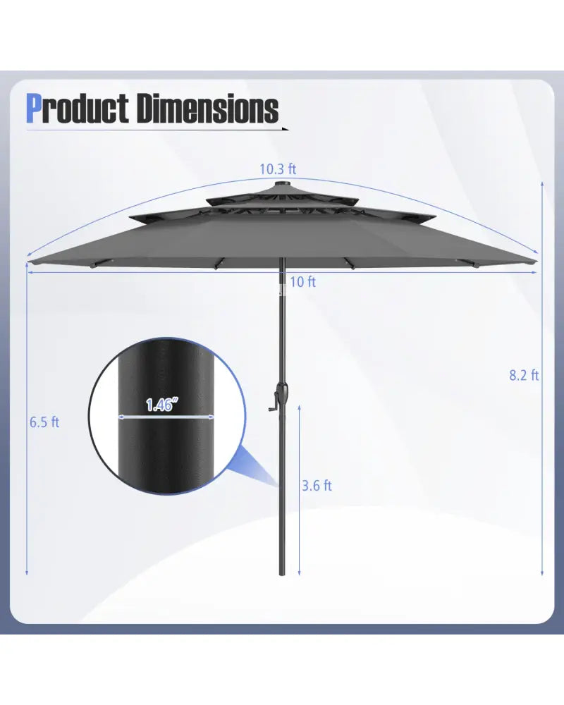 10 Feet Solar Patio Umbrella with 32 LED Lights 3-Tier Vented Top-Gray - Gray - Outdoor Umbrellas