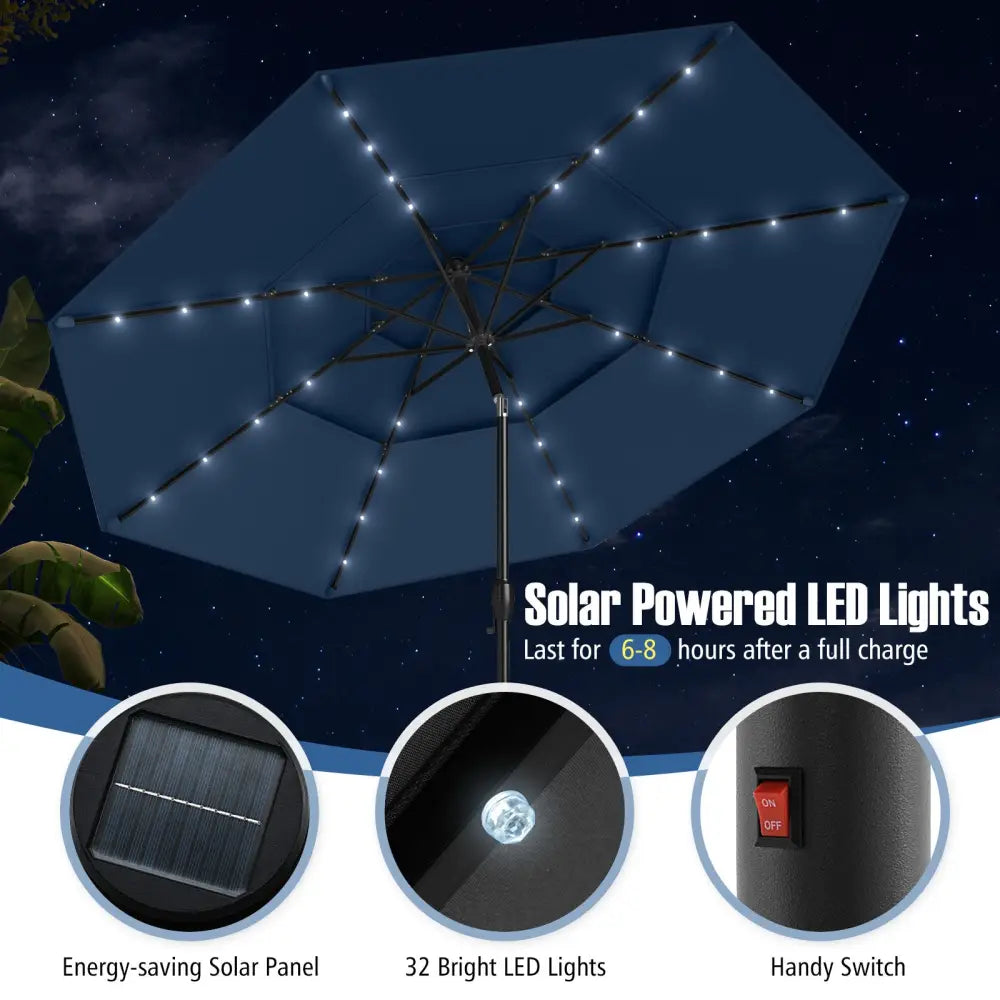 10 Feet Solar Patio Umbrella with 32 LED Lights 3-Tier Vented Top-Navy - Navy - Outdoor Umbrellas