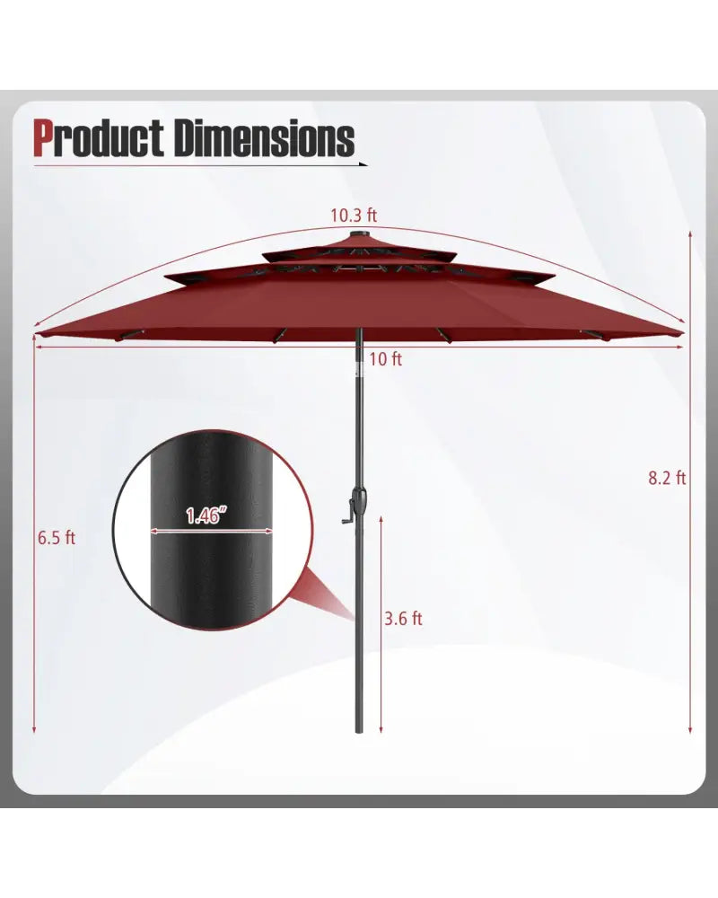 10 Feet Solar Patio Umbrella with 32 LED Lights 3-Tier Vented Top-Wine - Wine - Outdoor Umbrellas