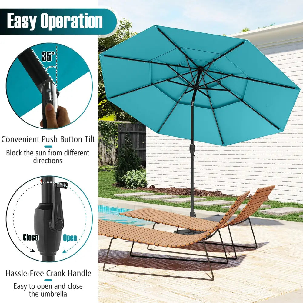 10 Feet Solar Patio Umbrella with 32 LED Lights 3-Tier Vented Top-Turquoise - Turquoise - Outdoor Umbrellas
