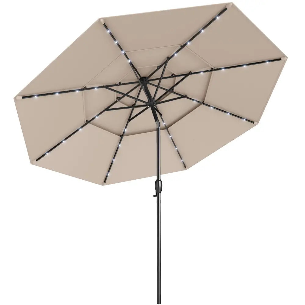 10 Feet Solar Patio Umbrella with 32 LED Lights 3-Tier Vented Top-Beige - Beige - Outdoor Umbrellas