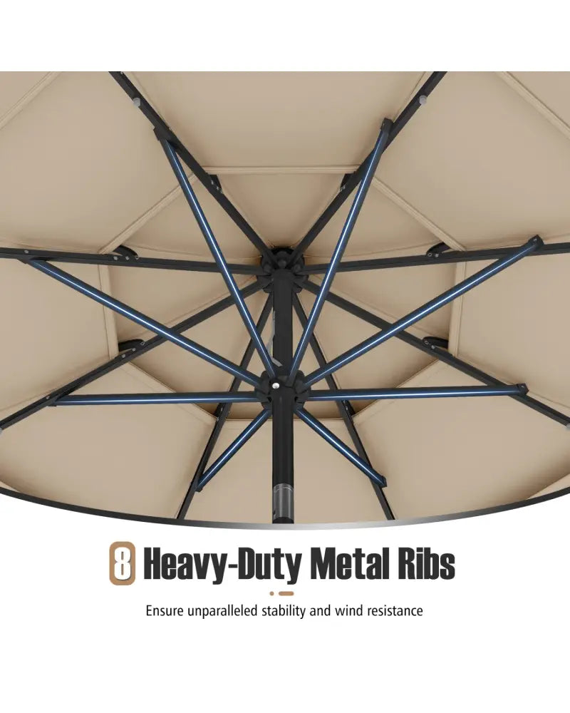 10 Feet Solar Patio Umbrella with 32 LED Lights 3-Tier Vented Top-Beige - Beige - Outdoor Umbrellas