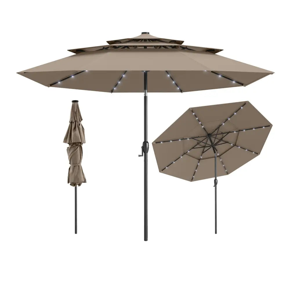 10 Feet Solar Patio Umbrella with 32 LED Lights 3-Tier Vented Top-Taupe - Taupe - Outdoor Umbrellas