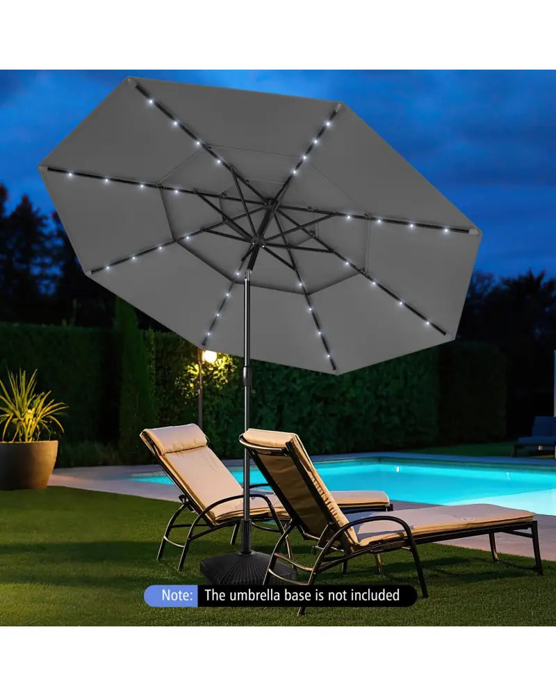 10 Feet Solar Patio Umbrella with 32 LED Lights 3-Tier Vented Top-Gray - Gray - Outdoor Umbrellas
