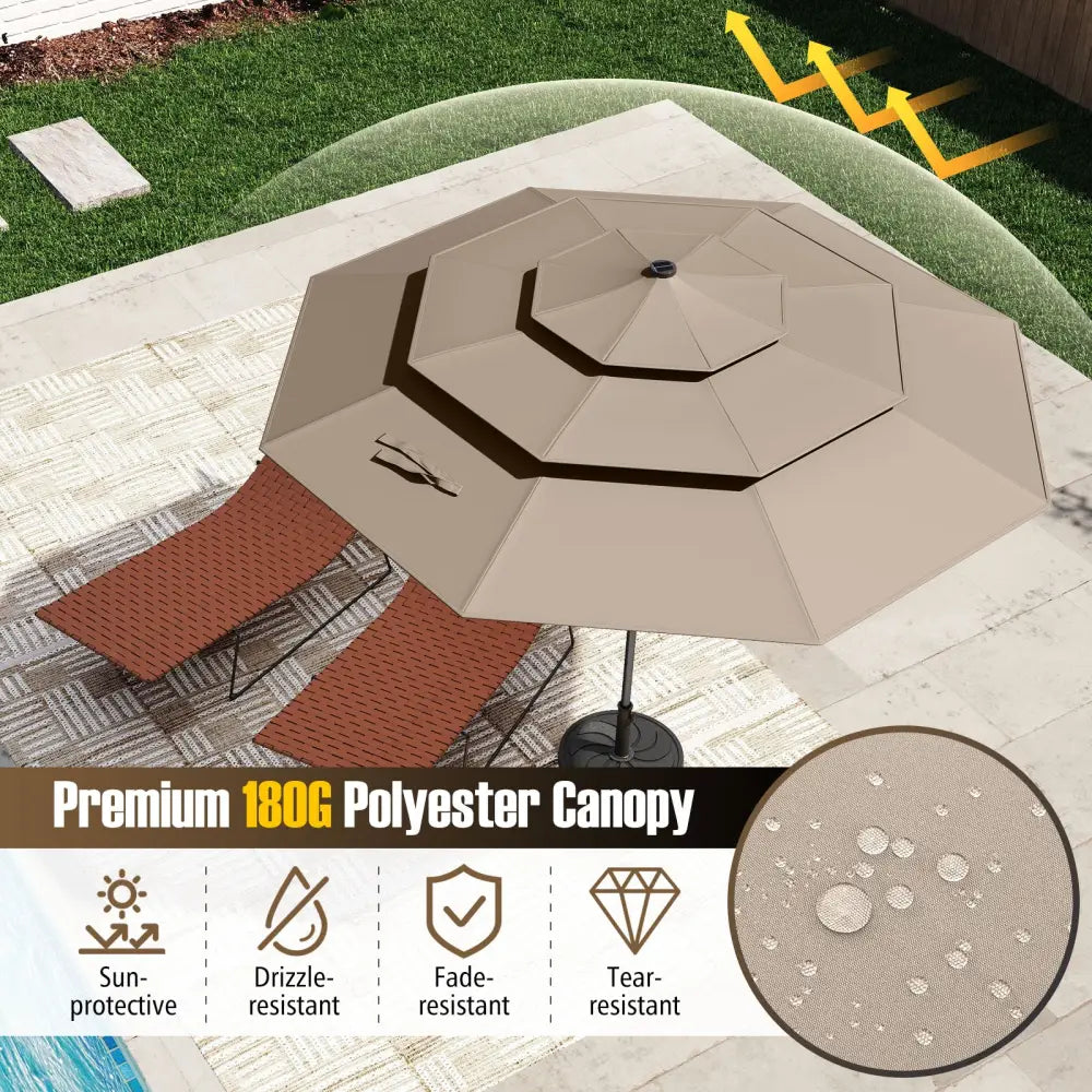 10 Feet Solar Patio Umbrella with 32 LED Lights 3-Tier Vented Top-Taupe - Taupe - Outdoor Umbrellas