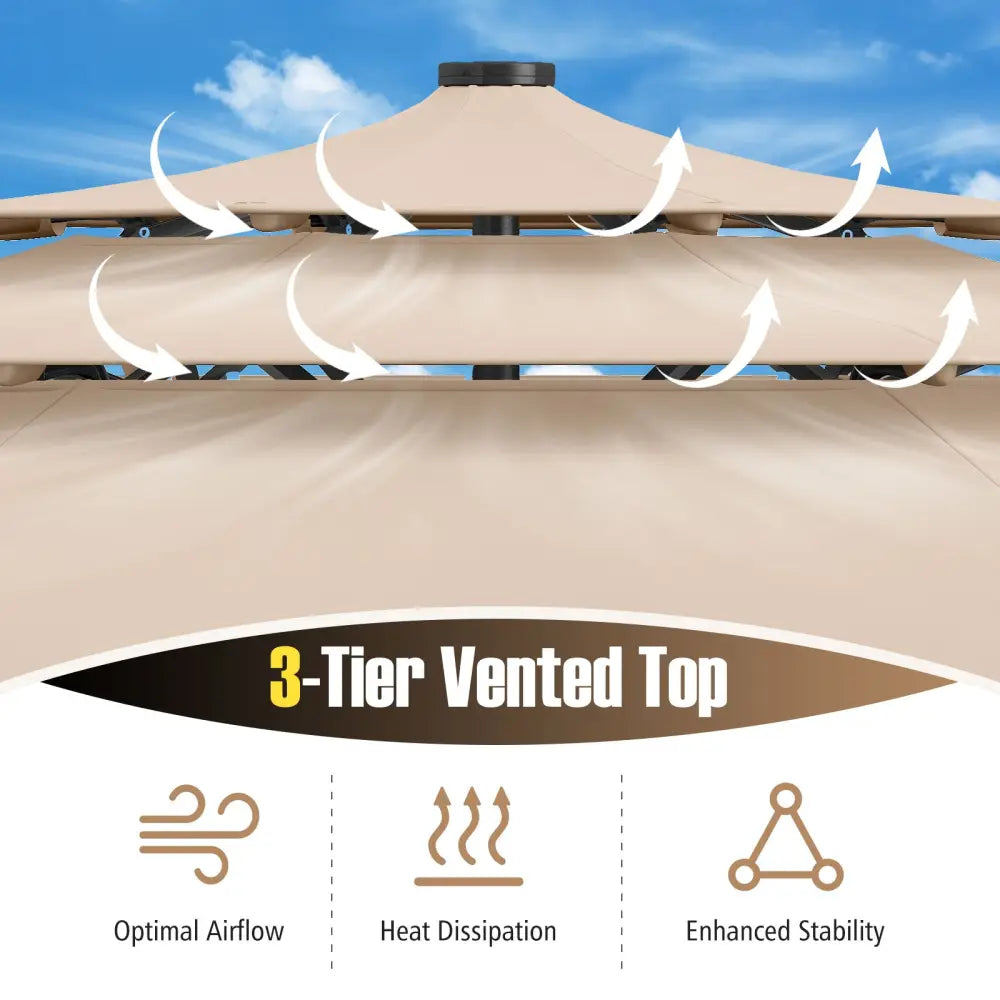 10 Feet Solar Patio Umbrella with 32 LED Lights 3-Tier Vented Top-Beige - Beige - Outdoor Umbrellas
