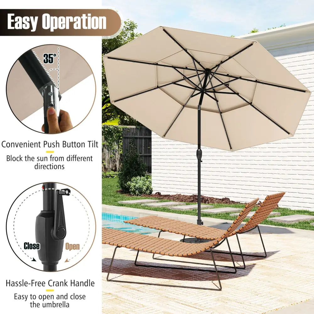 10 Feet Solar Patio Umbrella with 32 LED Lights 3-Tier Vented Top-Beige - Beige - Outdoor Umbrellas
