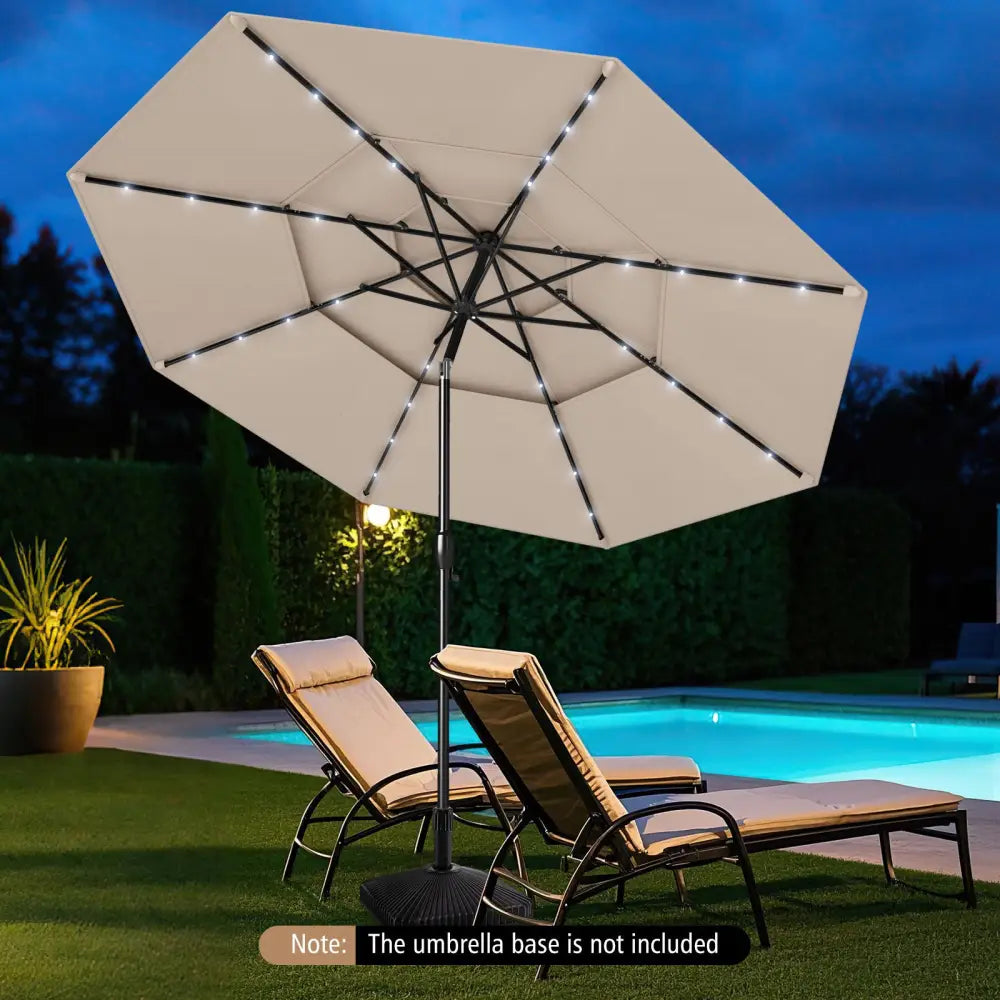 10 Feet Solar Patio Umbrella with 32 LED Lights 3-Tier Vented Top-Beige - Beige - Outdoor Umbrellas