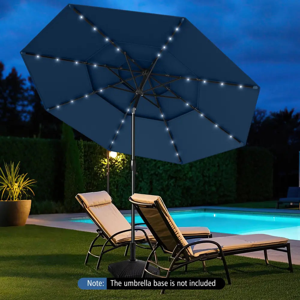10 Feet Solar Patio Umbrella with 32 LED Lights 3-Tier Vented Top-Navy - Navy - Outdoor Umbrellas
