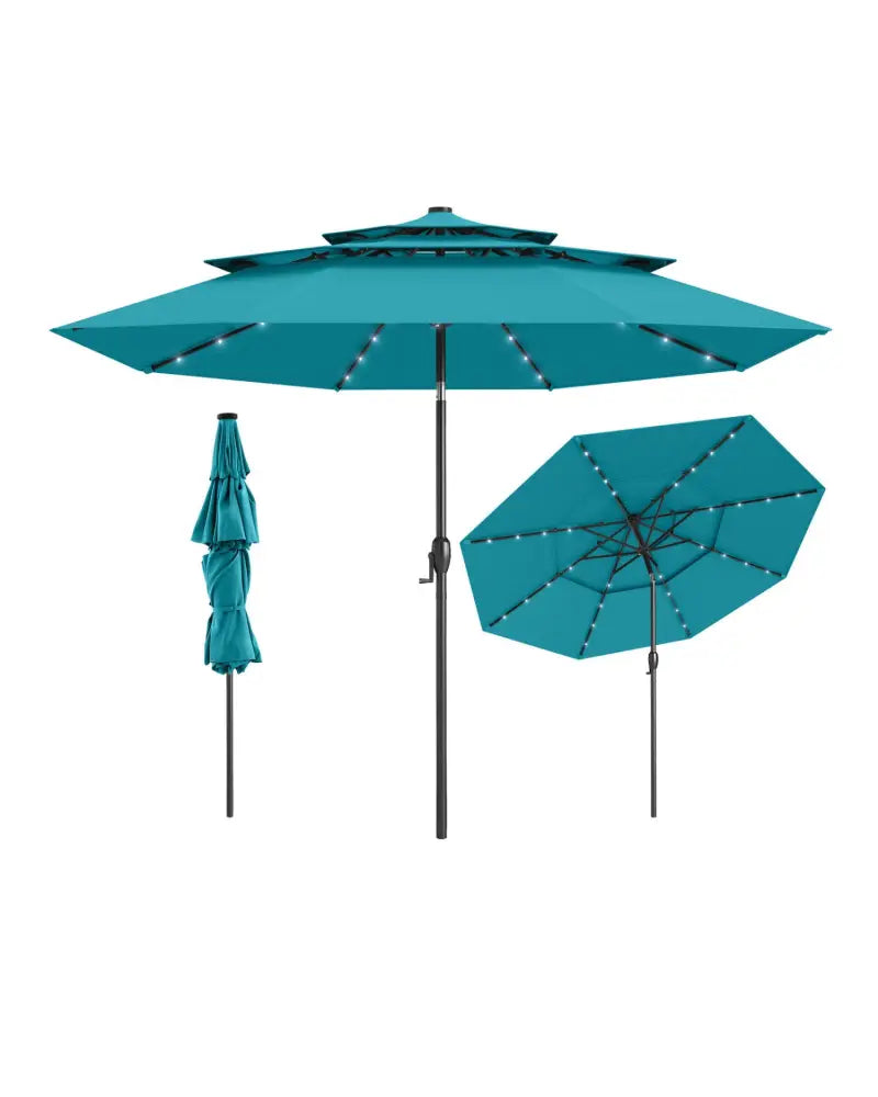 10 Feet Solar Patio Umbrella with 32 LED Lights 3-Tier Vented Top-Turquoise - Turquoise - Outdoor Umbrellas