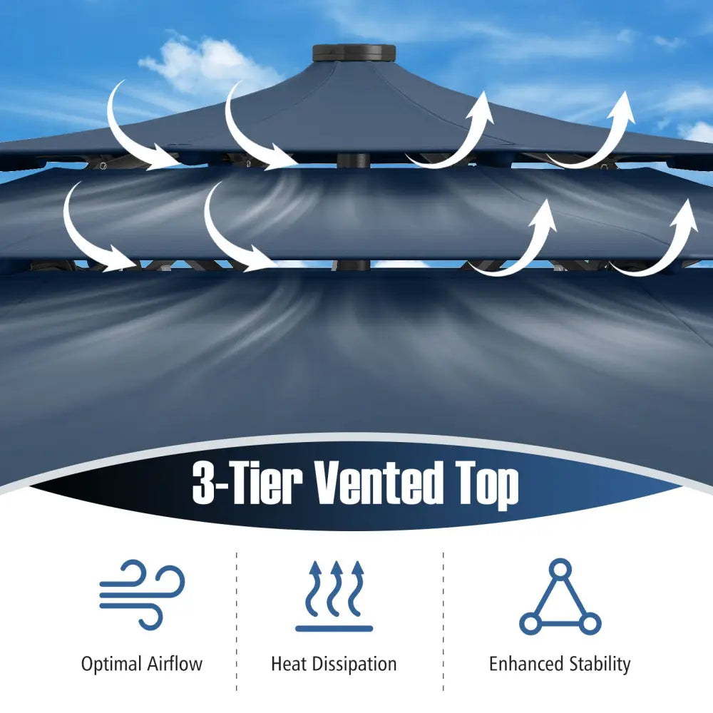 10 Feet Solar Patio Umbrella with 32 LED Lights 3-Tier Vented Top-Navy - Navy - Outdoor Umbrellas