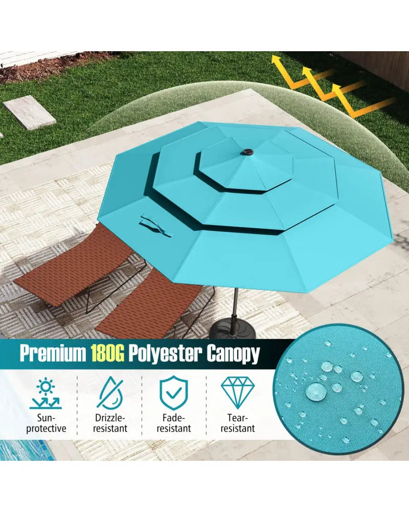 10 Feet Solar Patio Umbrella with 32 LED Lights 3-Tier Vented Top-Turquoise - Turquoise - Outdoor Umbrellas