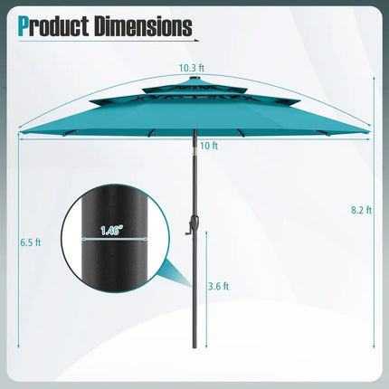 10 Feet Solar Patio Umbrella with 32 LED Lights 3-Tier Vented Top-Turquoise - Turquoise - Outdoor Umbrellas