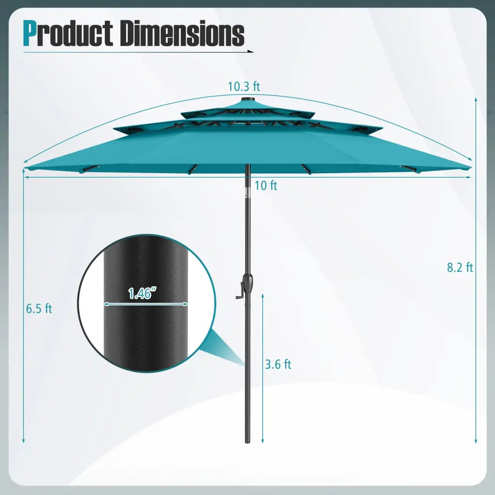 10 Feet Solar Patio Umbrella with 32 LED Lights 3-Tier Vented Top-Turquoise - Turquoise - Outdoor Umbrellas