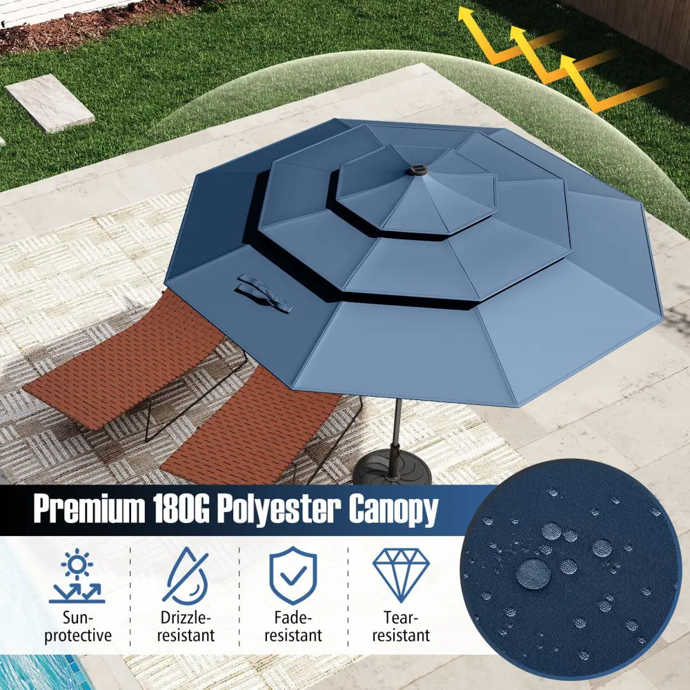 10 Feet Solar Patio Umbrella with 32 LED Lights 3-Tier Vented Top-Navy - Navy - Outdoor Umbrellas