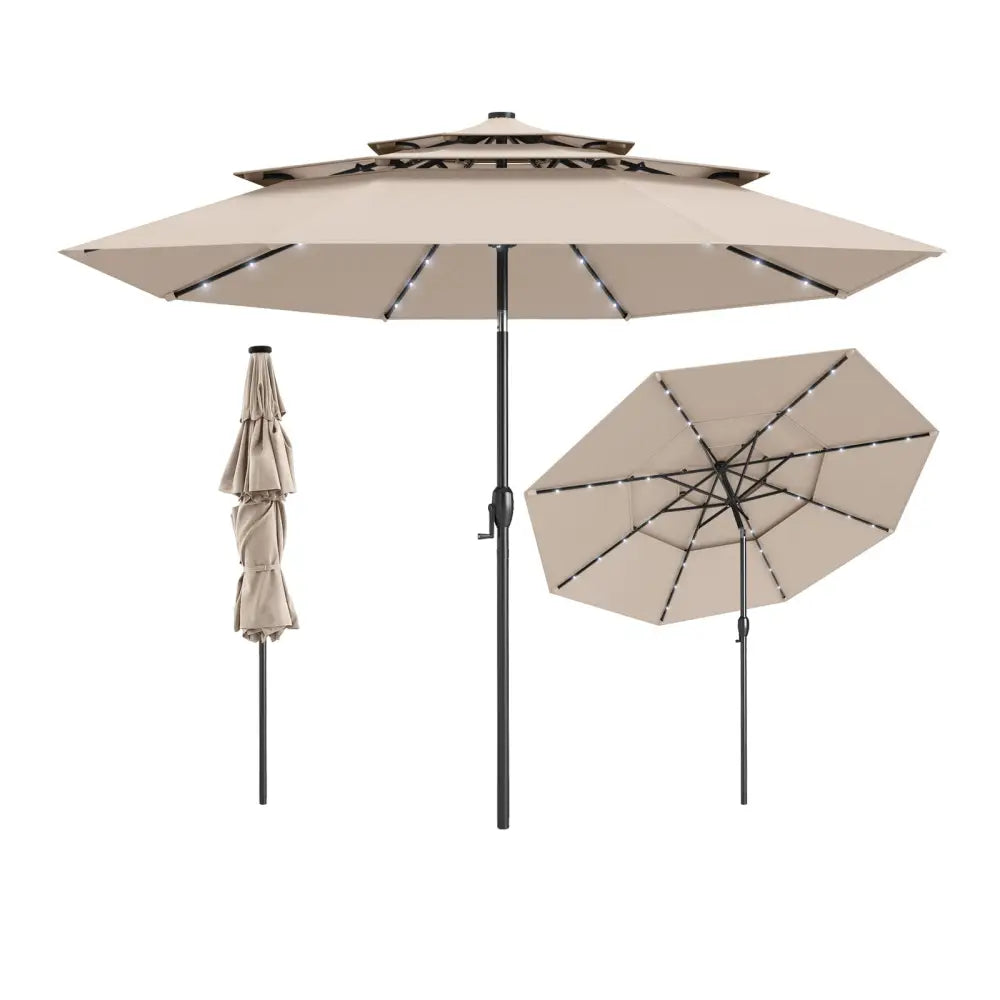10 Feet Solar Patio Umbrella with 32 LED Lights 3-Tier Vented Top-Beige - Beige - Outdoor Umbrellas